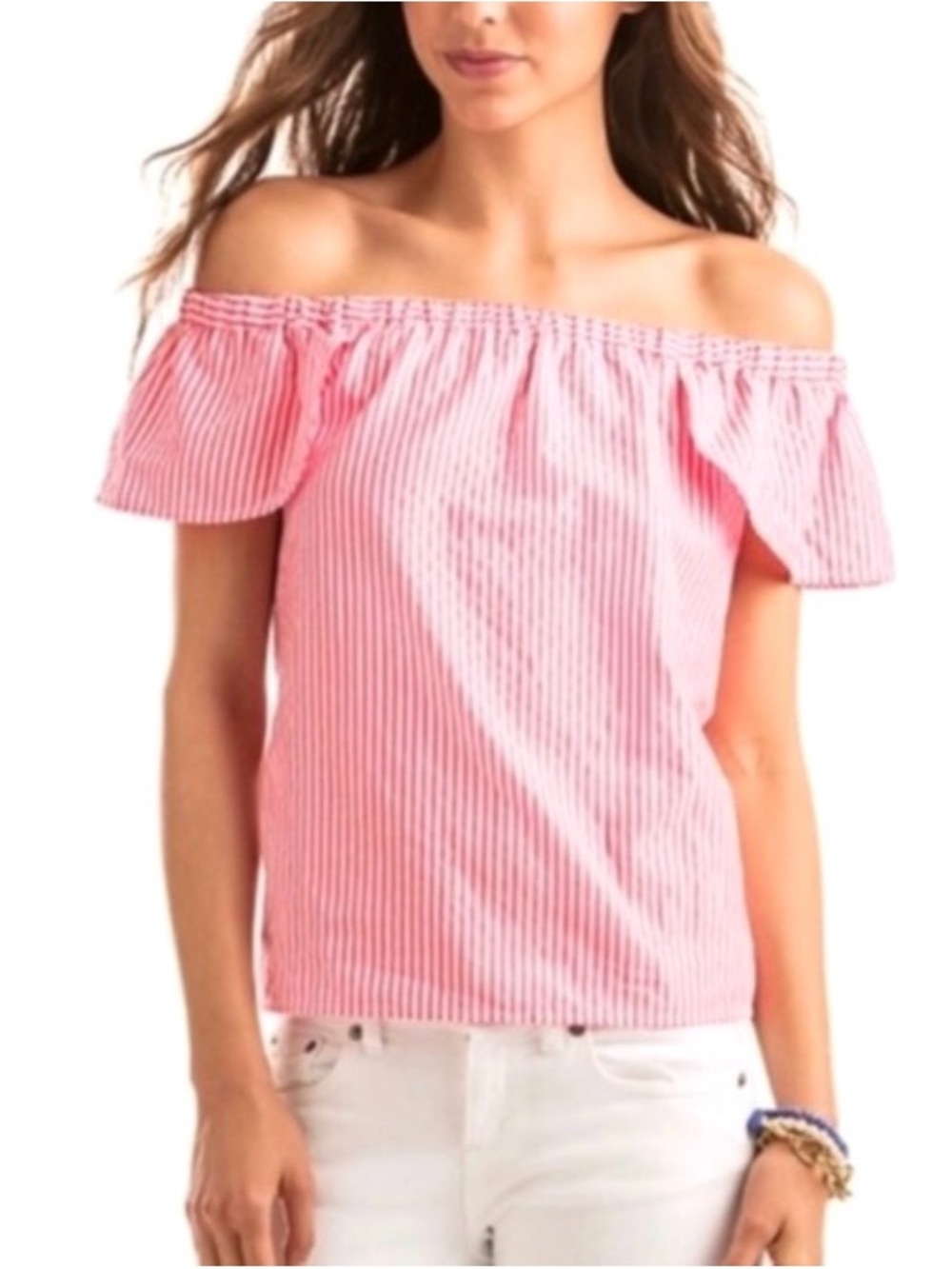 J. Crew Pink Striped Off-Shoulder Top